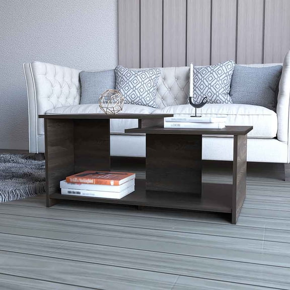 LiviNest Modern Coffee Table for Small Living Room: 2-Tier Top & Open Shelf - Compact 35'' x 21'' Design for Apartments & Condos - Brown Melamine Particle Board
