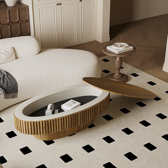 LiviNest Modern Coffee Table with Storage: 47-Inch Oval Accent Table with 100lb Hidden Compartment - Keep Living Room & Apartment Tidy - Mushroom Shape Fluted Design Solid Wood Veneer Brown