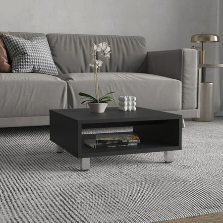 LiviNest Modern Coffee Table with Storage - Compact 10 Inch Height Rectangular Design & Open Shelf - Black Minimalist Living Room Table for Small Apartments & Studio Spaces