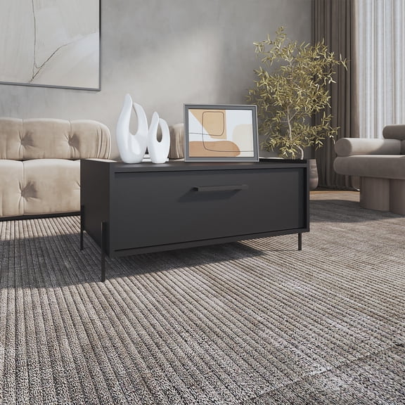 LiviNest Coffee Table with Open Shelf Storage, 33.1 Inch Wide Black Living Room Table with Metal Legs for Small Space Organization