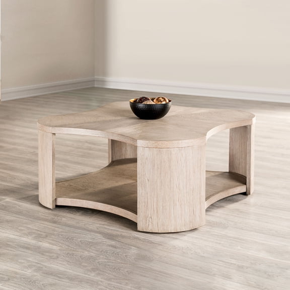 LiviNest Modern Coffee Table with Wheels: Unique Shape & Open Storage Shelf for Small Space Living Room - Light Oak Finish Adjustable Mobile Cocktail Table for Apartment & Home Decor