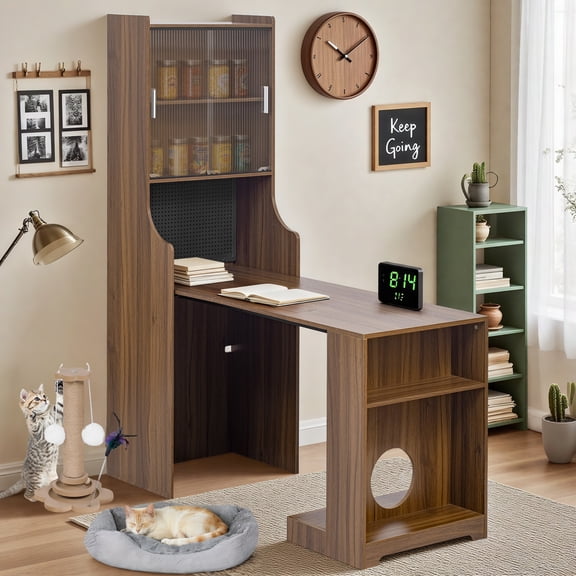 LiviNest Modern Computer Desk with Hutch: Multi-Functional Home Office Workstation with Storage & Cat-Friendly Features - Space-Saving Design for Small Apartments & Multi-Cat Households