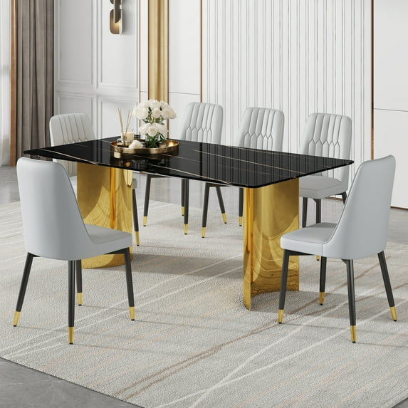 LiviNest Modern Dining Table Set with 6 Chairs: Marble Pattern Glass Top & Golden Metal Legs - 71" x 39.3" Kitchen Table Set for Small Space & Studio Use