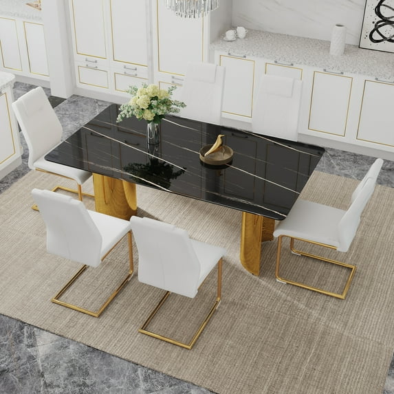 LiviNest Modern Dining Table Set: 6-Piece Glass Table & PU Chairs - Black Marble Pattern & Gold Metal Legs for Small Apartments & Vacation Rentals - Easy Assembly & Space Saving Design