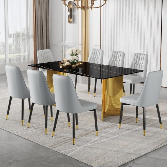 LiviNest Modern Dining Table Set: 8-Piece Marble Pattern Table & PU Cushion Chairs - Gold Steel Legs Home Office Furniture for Small Spaces & Entertaining