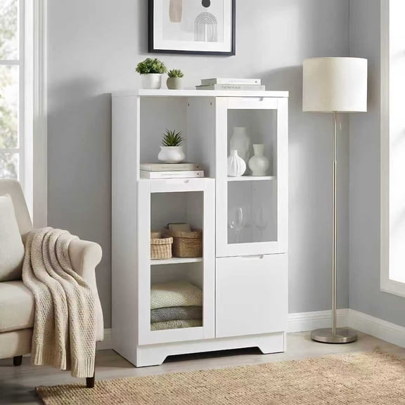 LiviNest Modern Display Storage Cabinet: 3-in-1 Smart Zoning System - Glass Doors & Drawer for Living Room & Bedroom - White MDF Handleless Design
