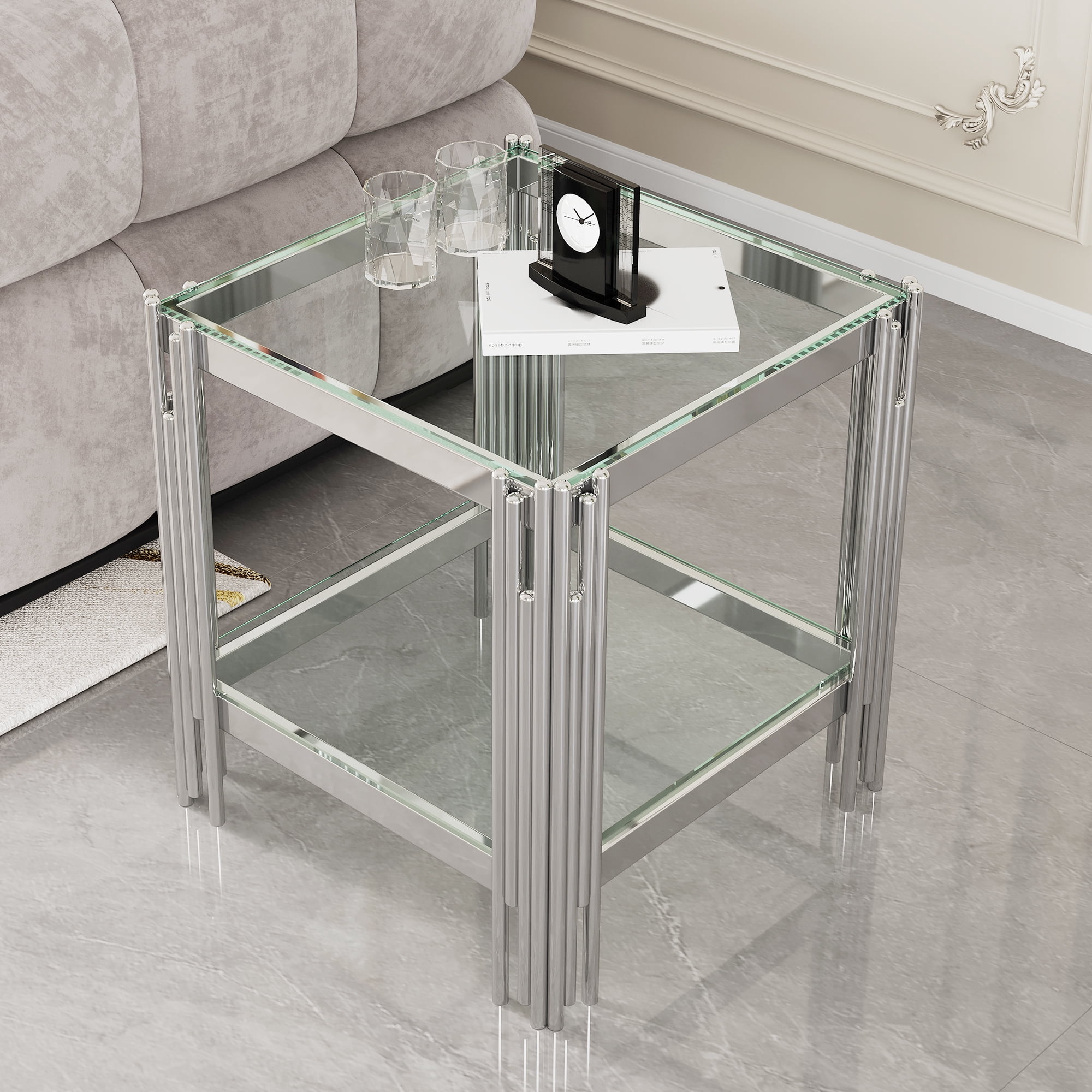 LiviNest Modern Glass End Table: Two Tier Side Table with Stainless ...