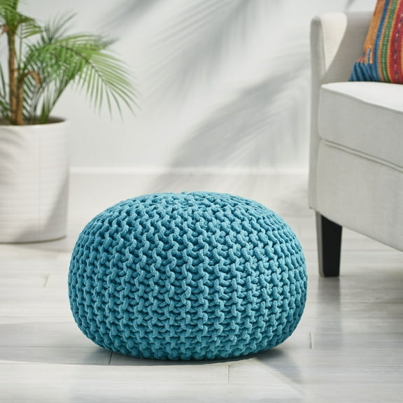 LiviNest Modern Knit Pouf Ottoman: 20-Inch Round Footstool for Small Spaces - No Assembly Required - Soft Cotton Knit Cover in Aqua Blue for Living Room & Reading Nook