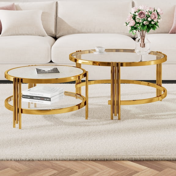 LiviNest Modern Nesting Coffee Table Set: 2-Piece Gold Textured Glass Tables - 1 Set 2 Layouts for Living Room - 32.75" Round Tempered Glass with 65lbs Capacity