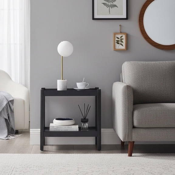 LiviNest Modern Nightstand: Matte Black Bedside Table with 2 Shelves & Rounded Corners - Solid Poplar MDF Construction for Bedroom Storage & Floor Protection