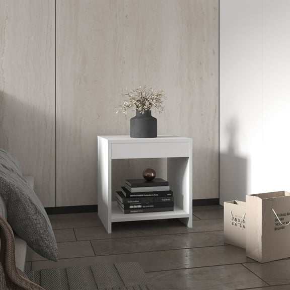 LiviNest Modern Nightstand with Open Shelf: Compact Bedside Table for Small Spaces - White Minimalist Design & Easy Assembly for Apartments & Dorm Rooms