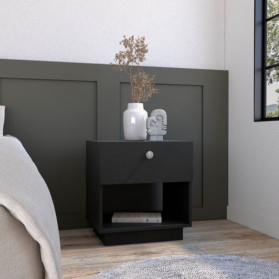 LiviNest Modern Nightstand with Drawer: Compact Bedside Table for Small Apartments - Black Wood Storage Cabinet & Open Shelf for Bedroom Organization