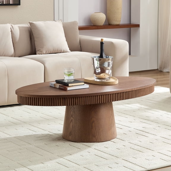 LiviNest Modern Oval Drum Coffee Table for Living Room: 47.24 Inch Walnut Centerpiece - Sturdy Pedestal Base for Daily Use & Entertaining - Easy Assembly MDF Furniture