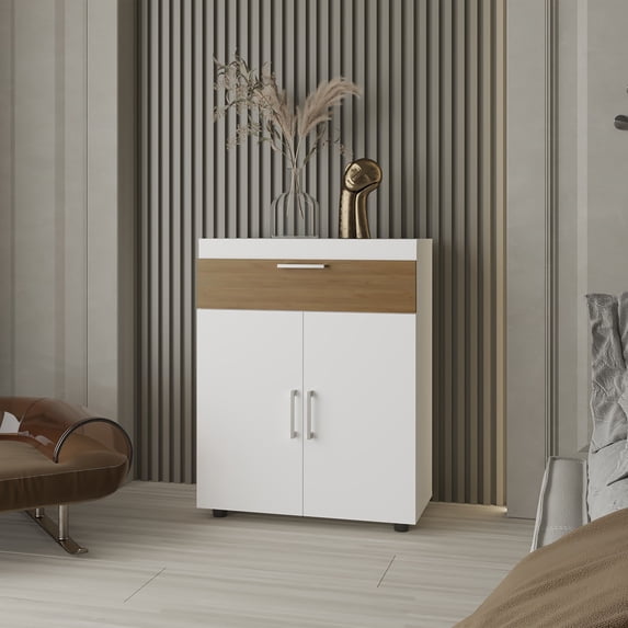 LiviNest Modern Shoe Cabinet Storage: Pneumatic Lift-Up Compartment & Dual Doors - White Natural Oak Bedroom Organizer for Small Spaces - Compact Design Scratch-Resistant Melamine Coating Apartment E