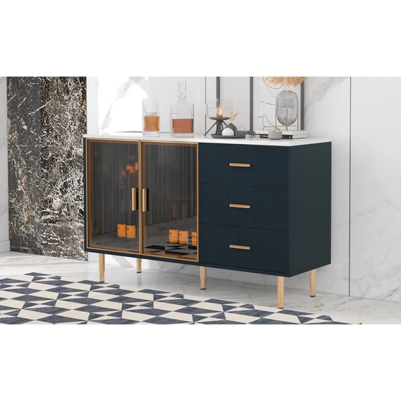 LiviNest Modern Sideboard Buffet Cabinet: Navy Blue Storage with Gold Legs & Amber Glass - 2 Glass Doors & 3 Drawers for Living Room Dining Room - 60"L x 16"W x 36"H