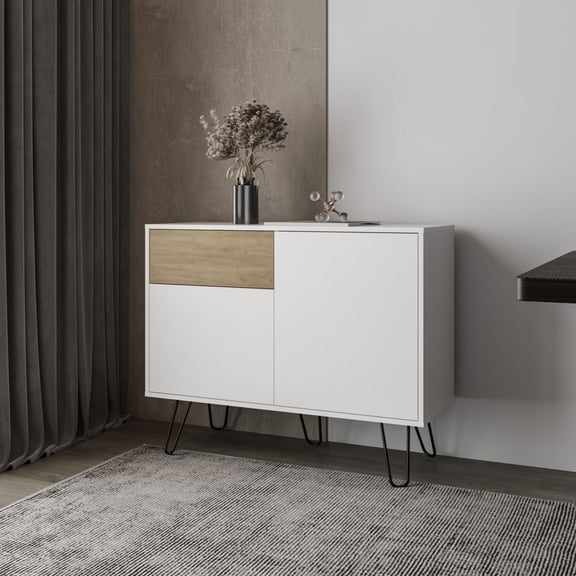 LiviNest Modern Sideboard Storage Cabinet: Hairpin Legs White Oak Design - Content Creator Studio Furniture for Small Spaces & Home Organization