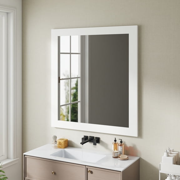 LiviNest Modern Square Bathroom Mirror: 32-Inch Matte White Wall Mirror - Full-View Grooming for Apartments & Guest Baths - Easy 15-Minute Installation Kit Included