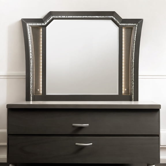 LiviNest Modern Vanity Dresser with LED Mirror: Illuminated Octagonal Mirror & Storage Drawers - Dark Gray Bedroom Makeup Vanity for Women with Crystal Accent Frame & Modern Design