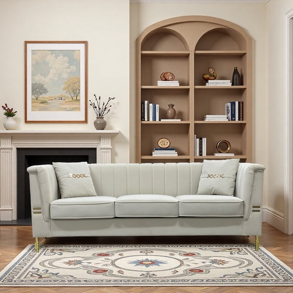 LiviNest Modern Velvet 3 Seater Sofa: Chesterfield Style Upholstered Couch with Golden Details - 82.67 Inch Wide Living Room Furniture for Hotel Lobby & Luxury Rentals with 2 Decorative Pillows