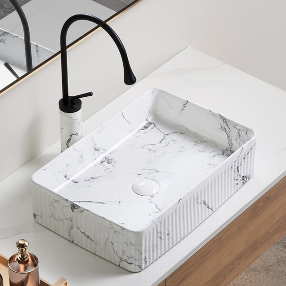 LiviNest Modern Vessel Sink for Bathroom Vanity: 3-in-1 Art Basin Set with Faucet & Drain - 20x14 Inch Black White Marble Porcelain Ceramic Above Counter Sink for Master Guest Bathroom