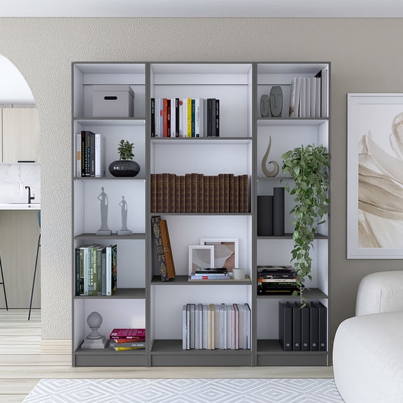 LiviNest Modular Shelf System for Apartments: 60"W 14-Shelf Storage - Slim 3-Piece Bookcase Set for Living Room & Office - Matt Gray & White Modern Design