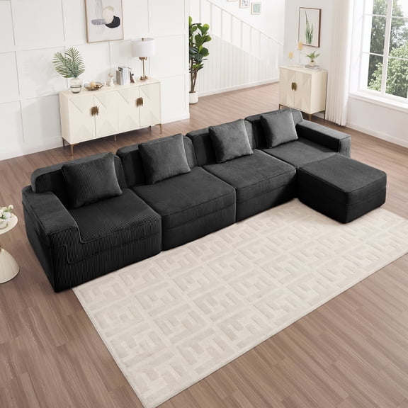 LiviNest Modular Cloud Sofa for Family Living Room: 4-Seat Deep Seat Sectional - Zero Assembly Modular L-Shape Couch with Ottoman & Throw Pillows - Plush Corduroy Fabric Black