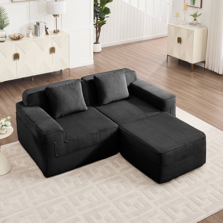 LiviNest Modular L Shape Sofa: 2 Seat Sectional Couch with Ottoman & Deep Seating - Modern Boneless Design Corduroy Fabric for Home Studio & Creative Spaces