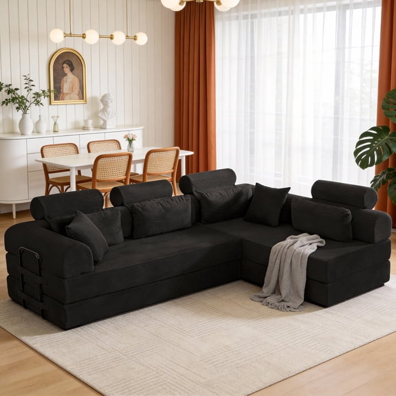 LiviNest Modular Sofa Bed for Small Apartments: 2-in-1 Space Solution - Daytime 4-Seat Sofa & Nighttime Guest Bed - Compressed Modular Design for Easy Moving & Modern Minimalist Corduroy Black