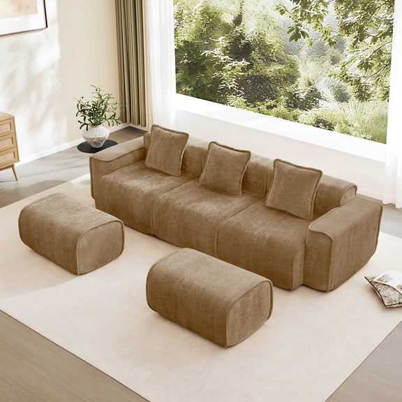 LiviNest Modular Sofa for Family Living Room: 0-Hour Assembly 3-Seat Sectional - Infinite Layouts with 2 Ottomans - Velvet Fabric & French Piping for Home Gatherings