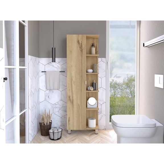 LiviNest Narrow Bathroom Linen Cabinet: 8.46-Inch Wide Storage Solution for Small Spaces - 9 Shelves & Door Cabinet for Towels & Toiletries - Modern Light Oak Finish