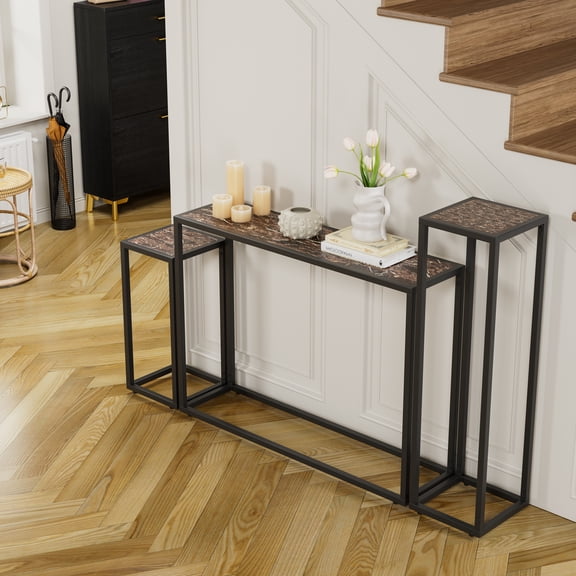 LiviNest Narrow Console Table Set: 3-Piece Slim Sofa Table for Small Spaces with Faux Marble Top & Metal Frame - Industrial Style Entryway Hallway Living Room Decor in Brown Black