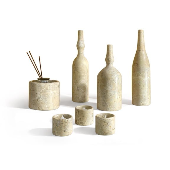 LiviNest Natural Marble Living Room Decor Set: Luxury 7-Piece Beige Gold Stone Accessories - Unique Veining Art Sculptures for Boutique Hotel & Upscale Home Decor