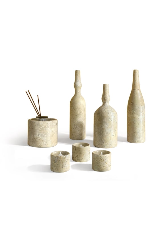 Natural Marble Living Room Decor Set: Luxury 7-Piece Beige Gold Stone Accessories - Unique Veining Art Sculptures for Boutique Hotel & Upscale Home Decor