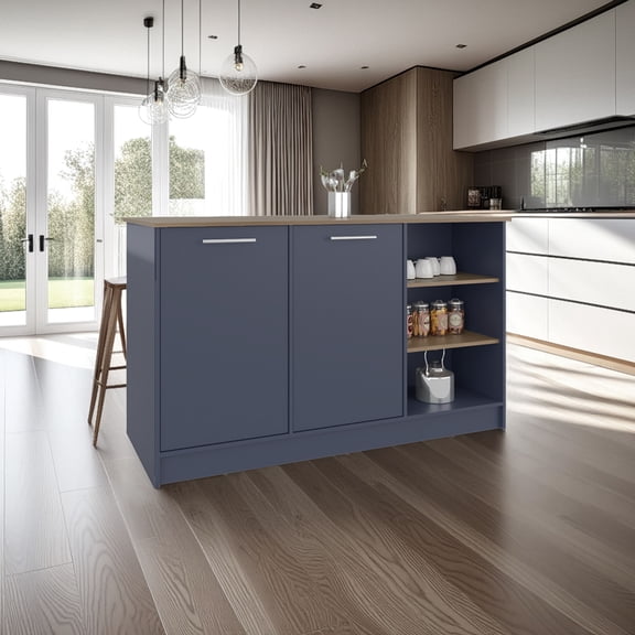 LiviNest Navy Blue Kitchen Island with Open Shelves and Cabinets, Floorstanding 59.1x26.4x35.7 inch, Large Prep Countertop, 33-inch Seating Clearance, for Kitchen Storage and Organization