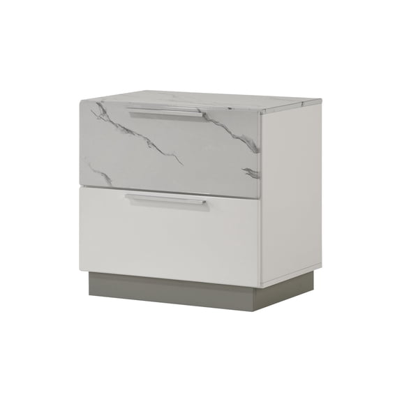 LiviNest Nightstand with Two Drawers: Modern White & Marble Pattern Bedside Table for Small Spaces - Compact Storage with Red Velvet Lined Interior for Jewelry & Essentials