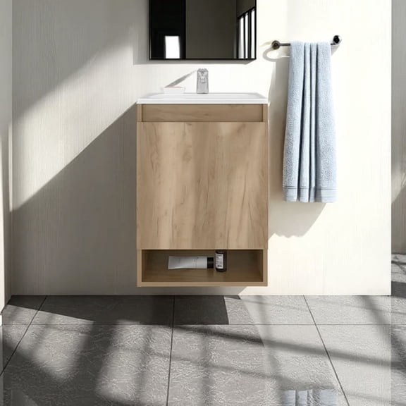 LiviNest Nissi 18 Inch Floating Vanity: Wall Mounted Bathroom Vanity with Resin Sink & Soft Close Cabinet - Compact Oak Finish Storage for Small Bathrooms & Powder Rooms
