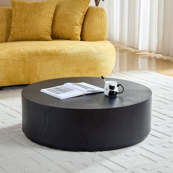 LiviNest No-Assembly Coffee Table for Apartment: 35.43 Inch Round Drum Table - Space-Saving Modern Center Table for Small Living Room & Studio - Black MDF Pedestal Base