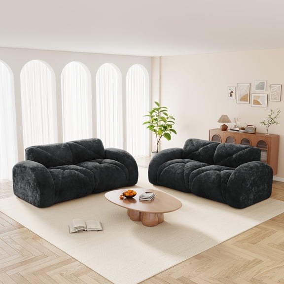 LiviNest No-Assembly Sofa Set for Living Room: 2+2 Seater Cloud Couch - 0-Minute Setup & 32D Sponge Support for Family Movie Nights & Social Gatherings - Black Velvet Fabric Deep Seat Modern Sofa