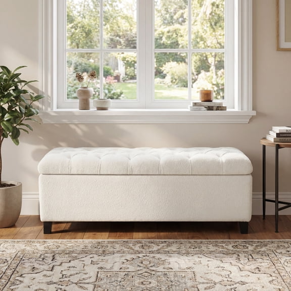 LiviNest Ottoman Storage Bench for Living Room: 300 lbs Capacity & 46.5" Hidden Storage - White Boucle Tufted Seat & Rubber Wood Legs - Extra Seating & Clutter Control for Apartments & Small Spaces