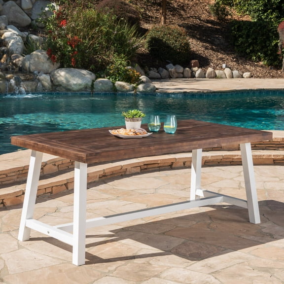 LiviNest Outdoor Acacia Wood Dining Table: 70-Inch Rustic Patio Table for 8 Guests - All-Weather Dark Brown Wood & White Metal Frame - Backyard Poolside Garden Dining