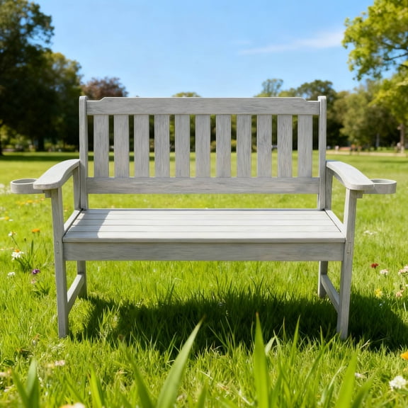 LiviNest Outdoor Bench with Cup Holders & Wide Armrests: All-Weather Durable HIPS Material & Ergonomic Slatted Backrest - Patio Garden Seating for Small Spaces & Balcony Gardening Enthusiasts