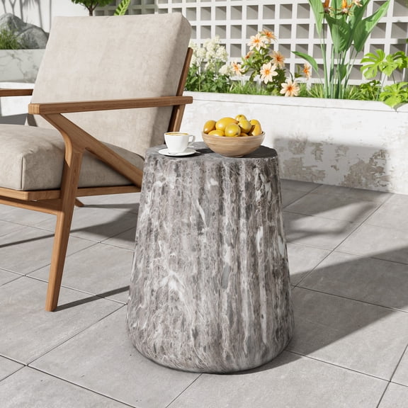 LiviNest Outdoor Carved Side Table: Natural Stone-Look Accent Table - 16-Inch Round Patio Table for Drinks & Decor - Lightweight Concrete Garden Table for Balcony & Living Room