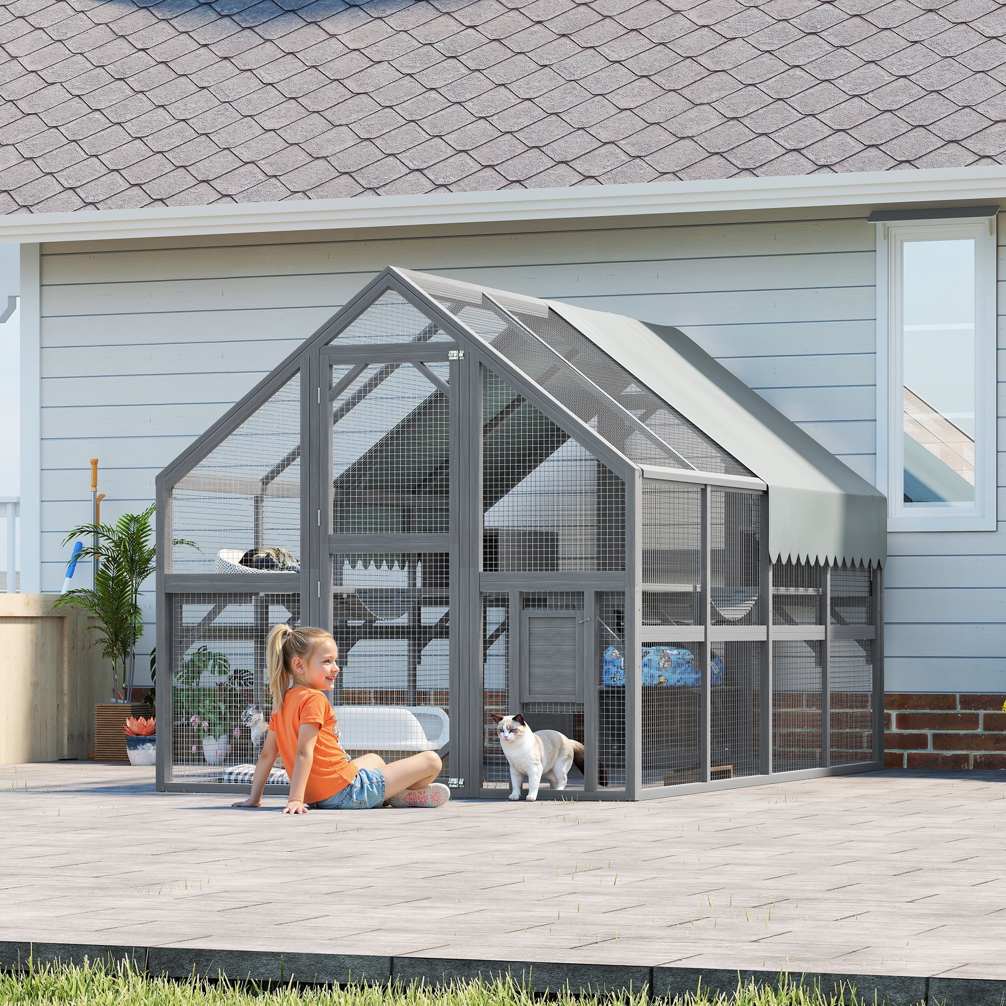 LiviNest Outdoor Cat Enclosure for Multiple Cats: 74-Inch Large Wooden Shelter with 7 Platforms & 2 Resting Boxes - Waterproof & UV Proof Canopy for Backyard Patio - 2-4 Cat Family Home
