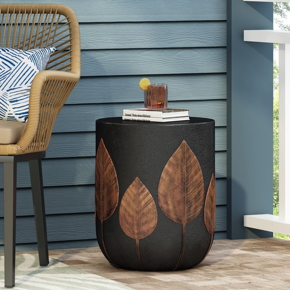 LiviNest Outdoor Concrete Side Table: Boho Design Lightweight Cylindrical Structure - Patio Furniture for Porch & Garden Decor with Leaf Pattern & Two-Toned Finish