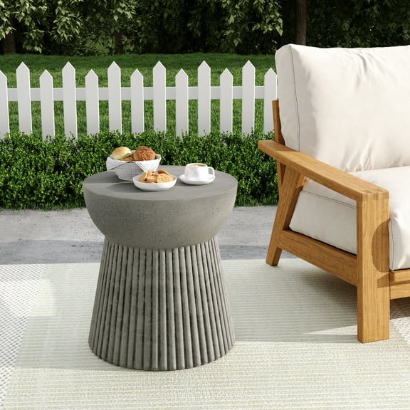LiviNest Outdoor Concrete Side Table: Lightweight Hourglass Design for Patio & Balcony - Modern Round End Table with Stone Texture & Durable Structure for Outdoor Living Spaces & Garden Decor