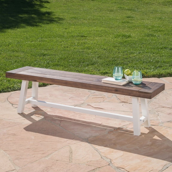 LiviNest Outdoor Dining Bench: Dark Brown Sandblast Acacia Wood with White Rustic Metal Frame - Modern Industrial Style for Patio & Garden Seating - Water Resistant Slat Panel Design for Poolside & B