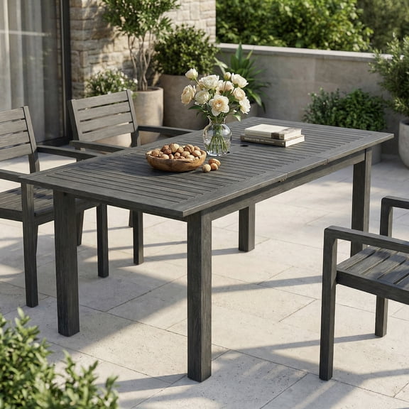LiviNest Outdoor Expandable Acacia Wood Dining Table, Dark Grey, 63 to 79 Inches, with 2 Inch Umbrella Hole, for Patio Backyard Garden