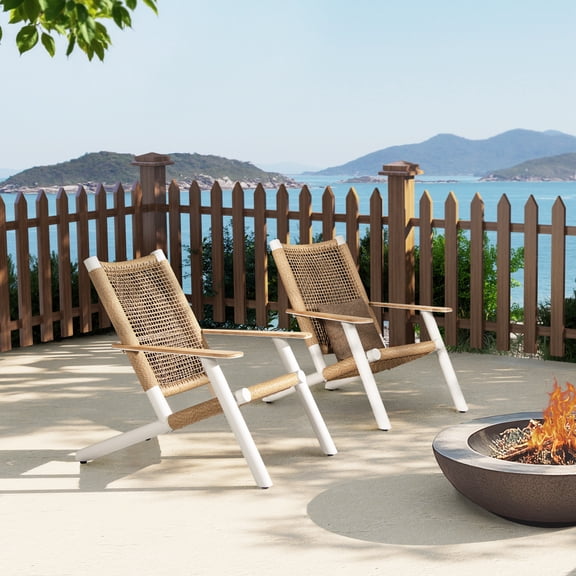 LiviNest Outdoor Lounge Chair: Modern Woven Rope Patio Chair with Teak Wood Armrests - Reclined Design for Backyard Poolside & Beach Relaxation