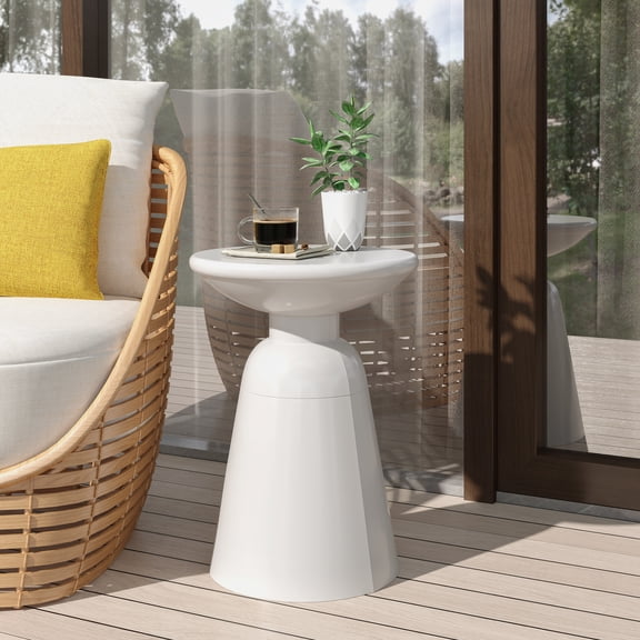 LiviNest Outdoor Metal End Table, White Powder-Coated Iron Pedestal Side Table, 15 inch Round Tabletop for Patio Drinks and Snacks, No Assembly Required