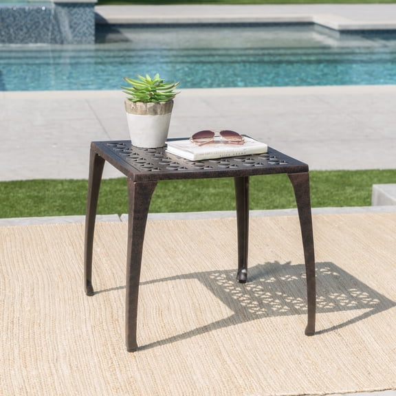 LiviNest Outdoor Side Table for Balcony & Patio: Compact 18 Inch Square Metal Accent Table with Perforated Top - Plant Stand & Drink Holder for Urban Gardeners & Small Space Decor